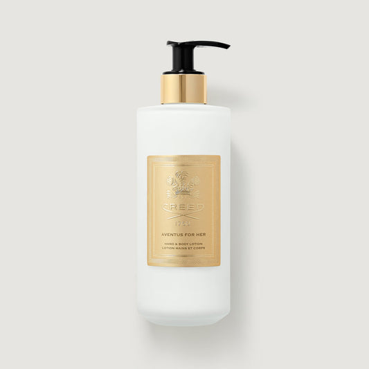 White & Gold Aventus For Her Hand & Body Lotion 300ml - Front View | Creed Fragrances