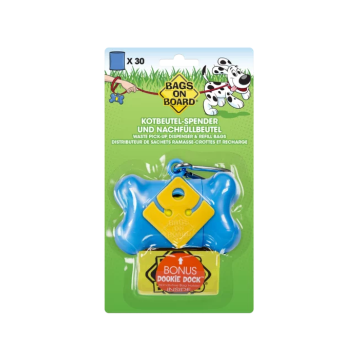 White background with a blue Bags On Board Bone shaped poo bag Dispenser attached to cardboard backing. On the cardboard packaging is an illustrated Dalmatian dog wearing a red collar and lead with a dispenser attached. On the packet is text 'Waste pick-up dispenser & refill bags.