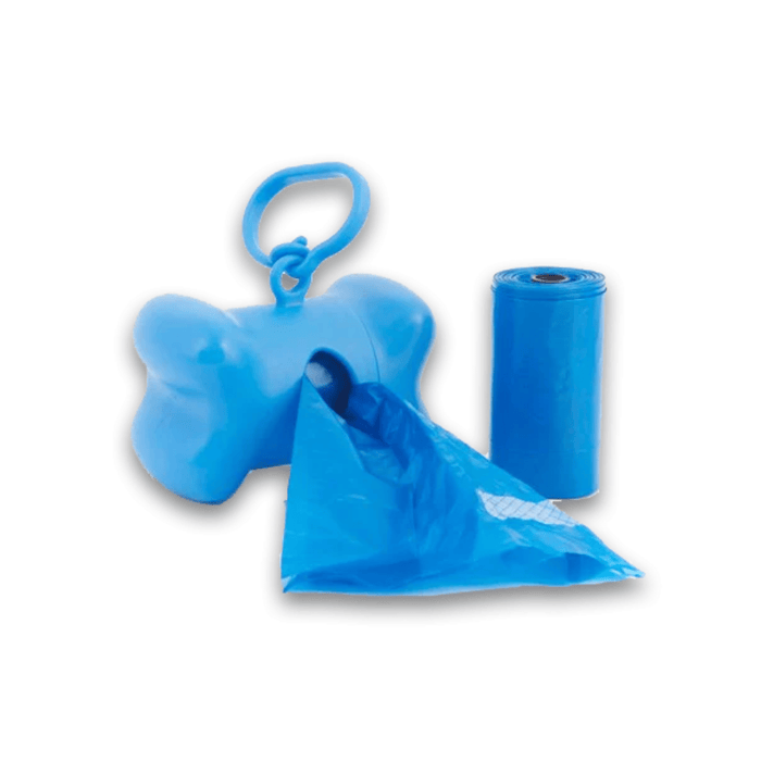 White background with a blue 'Bags On Board' bone shaped poo bag Dispenser with a roll of blue bags next to it.