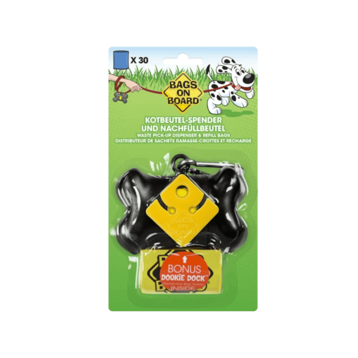White background with a black Bags On Board Bone shaped poo bag Dispenser attached to cardboard backing. On the cardboard packaging is an illustrated Dalmatian dog wearing a red collar and lead with a dispenser attached. On the packet is text 'Waste pick-up dispenser & refill bags.