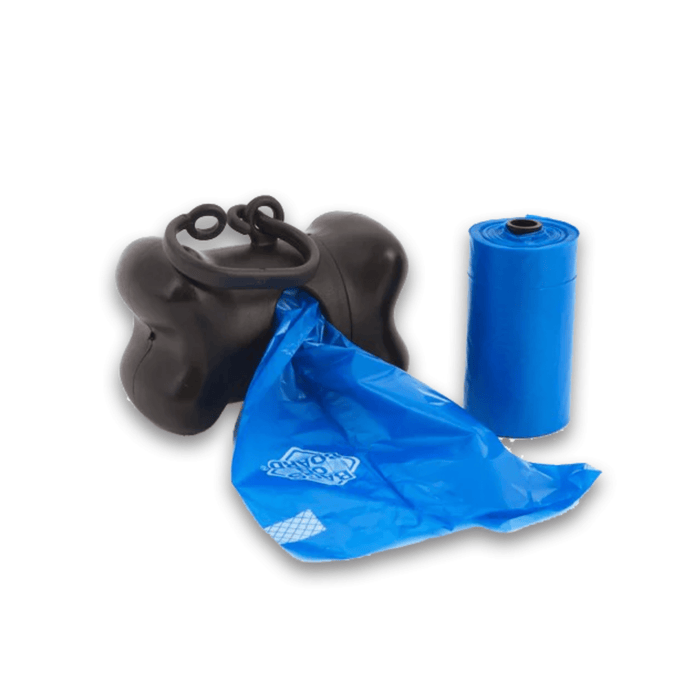 White background with a black 'Bags On Board' bone shaped poo bag Dispenser with a roll of blue bags next to it.