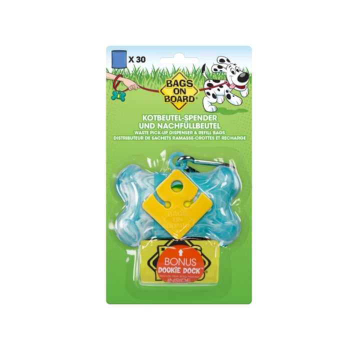 White background with a marbled turquoise Bags On Board Bone shaped poo bag Dispenser attached to cardboard backing. On the cardboard packaging is an illustrated Dalmatian dog wearing a red collar and lead with a dispenser attached. On the packet is text 'Waste pick-up dispenser & refill bags.
