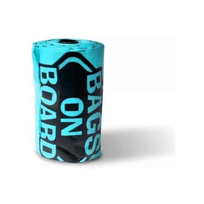 White background with a single roll of Bags On Board Ocean Breeze Scented waste pick-up Refill poo bags.
