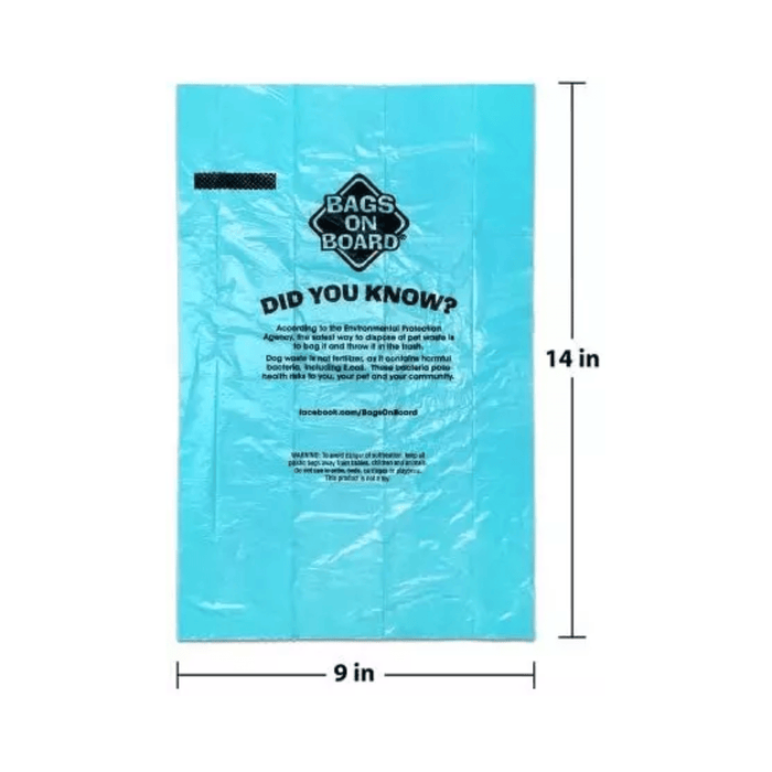 White background with a single of Bags On Board Ocean Breeze Scented waste pick-up Refill poo bag. With measurements indicating width of 9" and height 14".