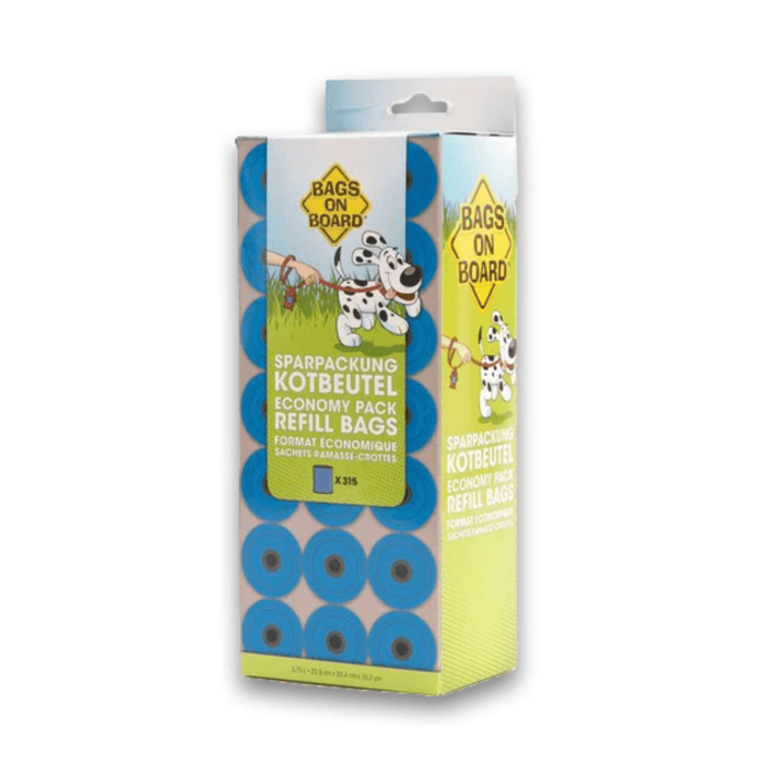 White background with a box of Bags On Board Economy pack Refill poo bags. On the box is an illustrated Dalmatian dog.