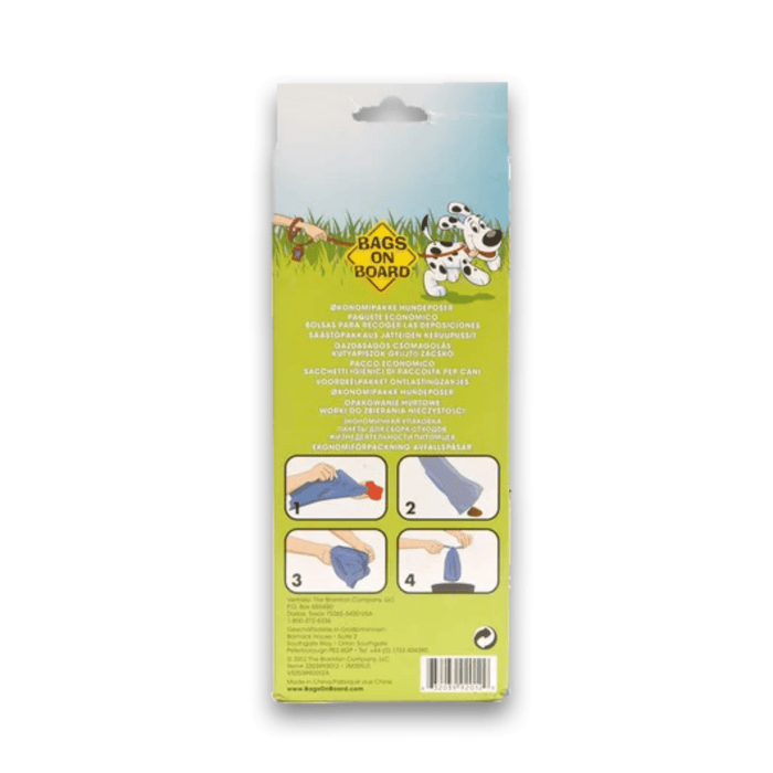 White background with a back view of a box of Bags On Board Economy pack Refill poo bags. On the box is an illustrated Dalmatian dog.