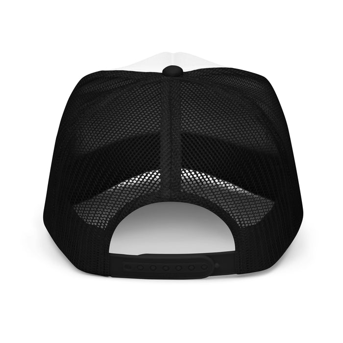 Black trucker hat with mesh back and adjustable snap closure, featuring a "Ball Knower" design on the front.