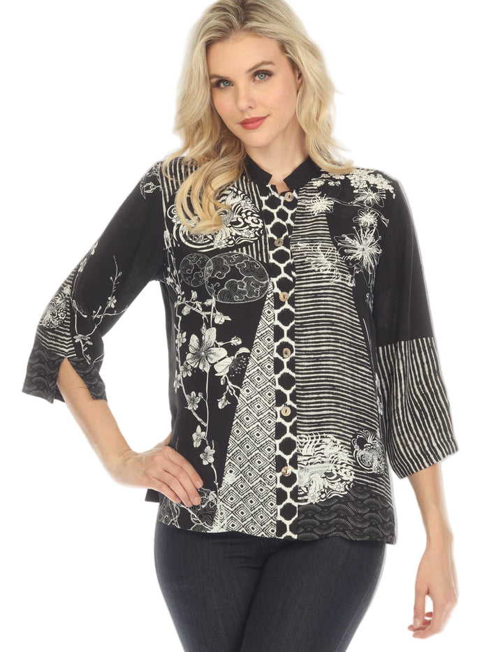 Black & Ivory Artistic Silk-Blend Blouse - 1213BWDB - Size XL Only!