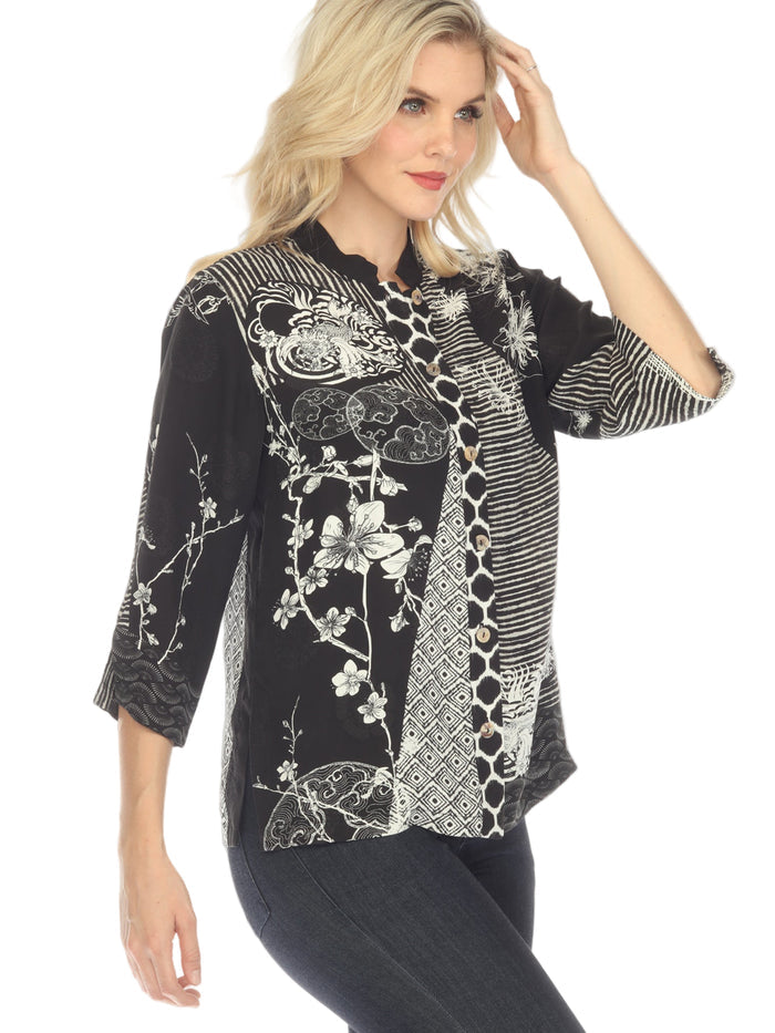 Black & Ivory Artistic Silk-Blend Blouse - 1213BWDB - Size XL Only!