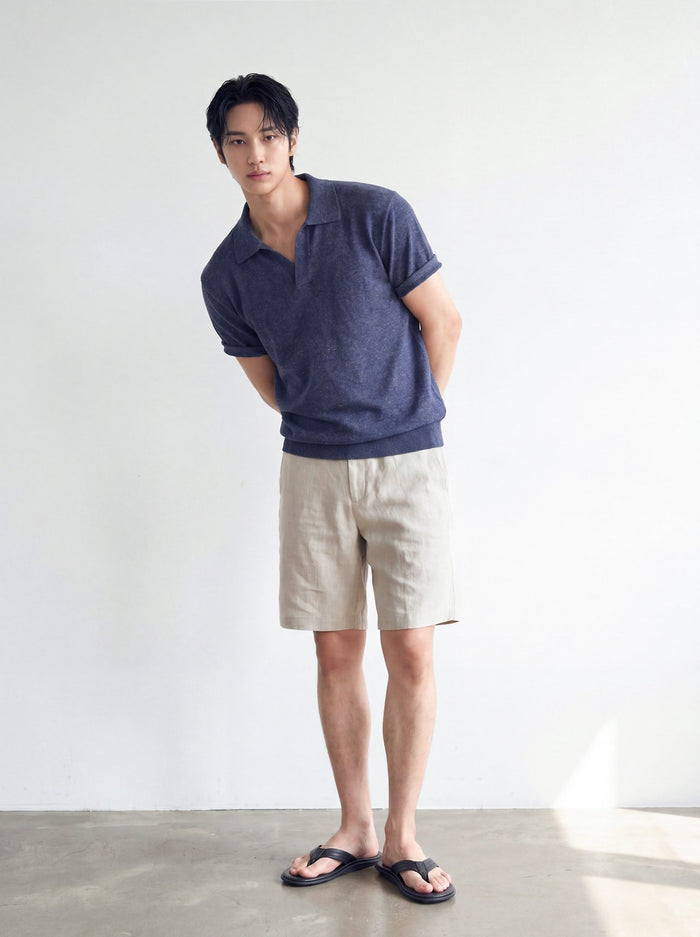 Blend Linen Open Collar Knit