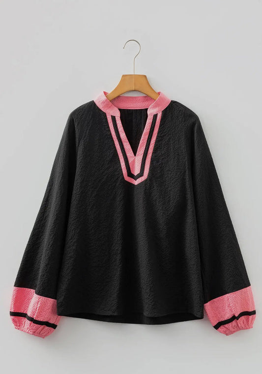 Blouse - Colorblock Patchwork V-Neck Textured Blouse, Black
