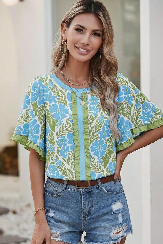 Blouse - Floral Ruffle Detail Front and Sleeves, Blue/Green, Also Plus