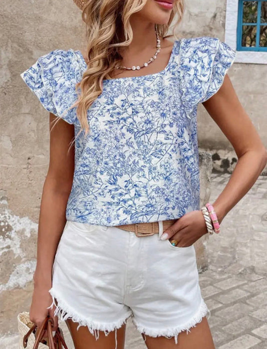 Blouse - Floral Ruffle with Bow Detail, Blue/White, Also Plus Size