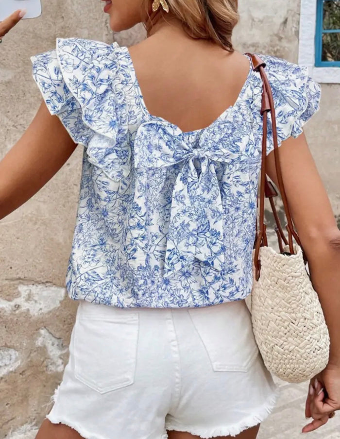 Blouse - Floral Ruffle with Bow Detail, Blue/White, Also Plus Size