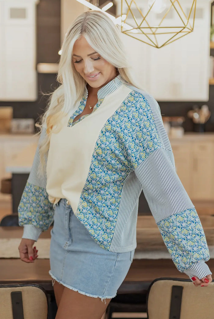 Blouse - Floral Strip Collared V-Neck Drop Sleeve Sweatshirt, Beige