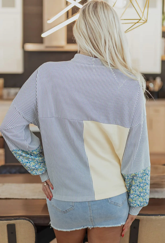 Blouse - Floral Strip Collared V-Neck Drop Sleeve Sweatshirt, Beige