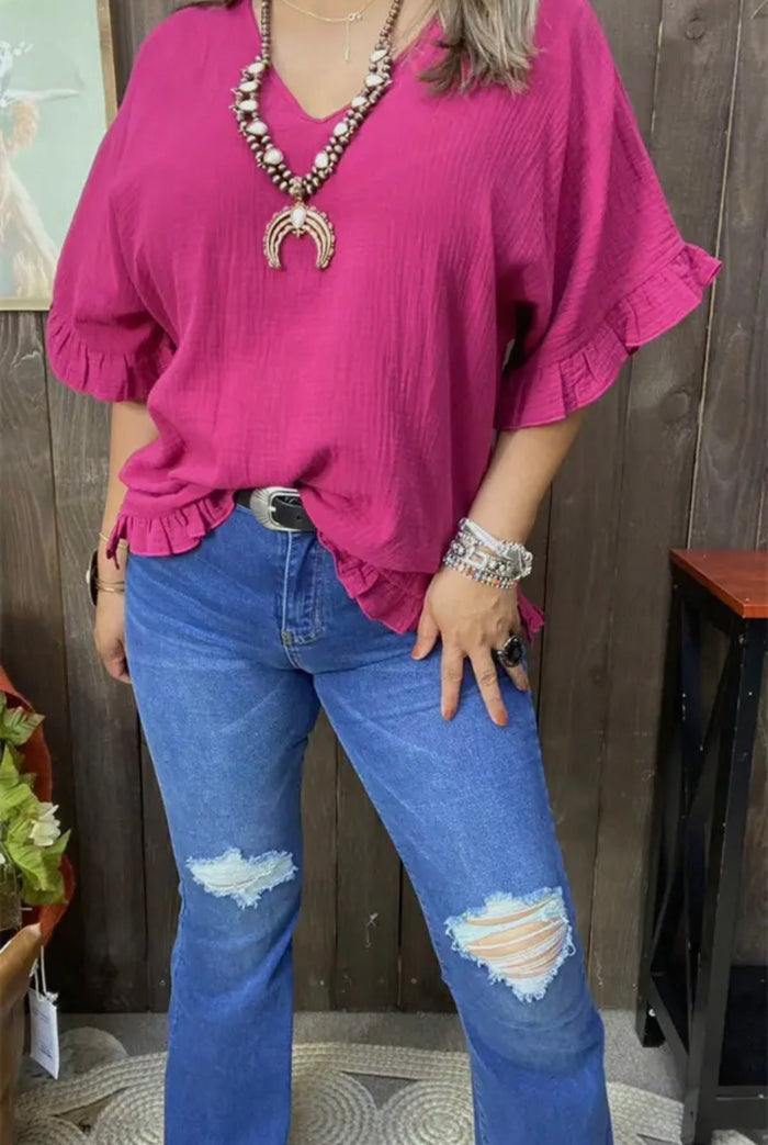 Blouse - Loose Bell W/Ruffle Short Sleeve, Plum