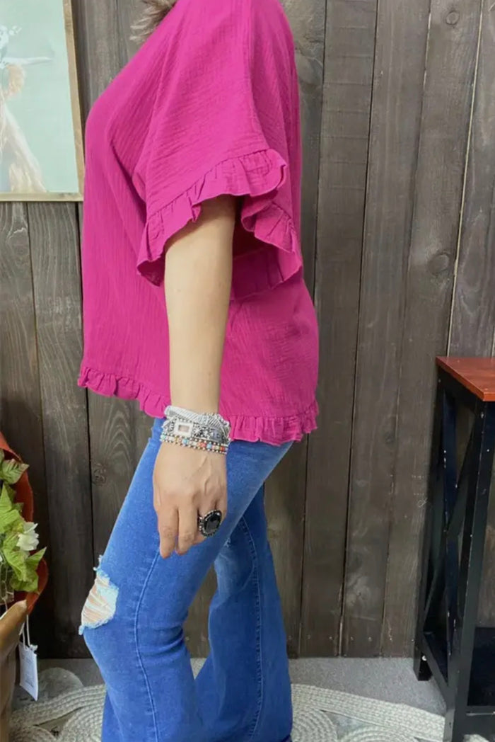 Blouse - Loose Bell W/Ruffle Short Sleeve, Plum