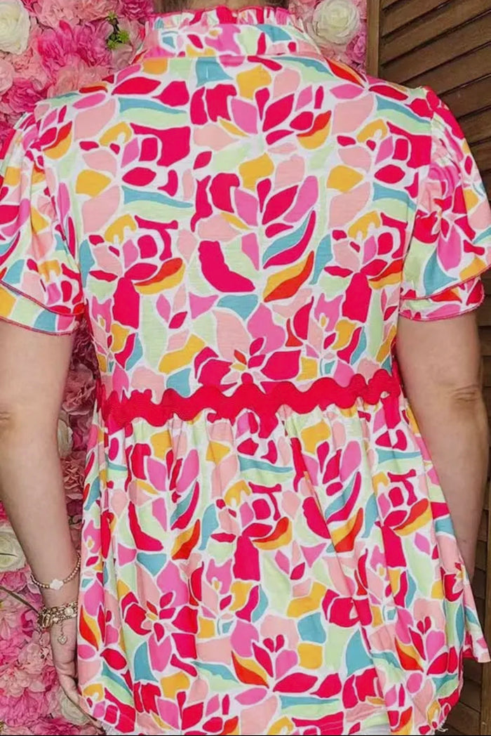 Blouse - Patterns Prined Bell Short Sleeve, Pink/Multi, Also Plus Size