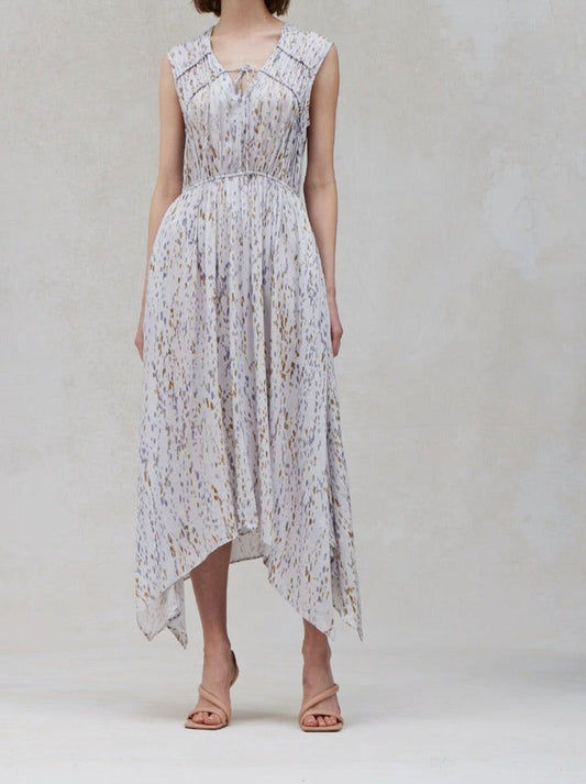 Blue Dusk sleeveless print midi dress with tie neckline, gathered bodice, and soft abstract pattern