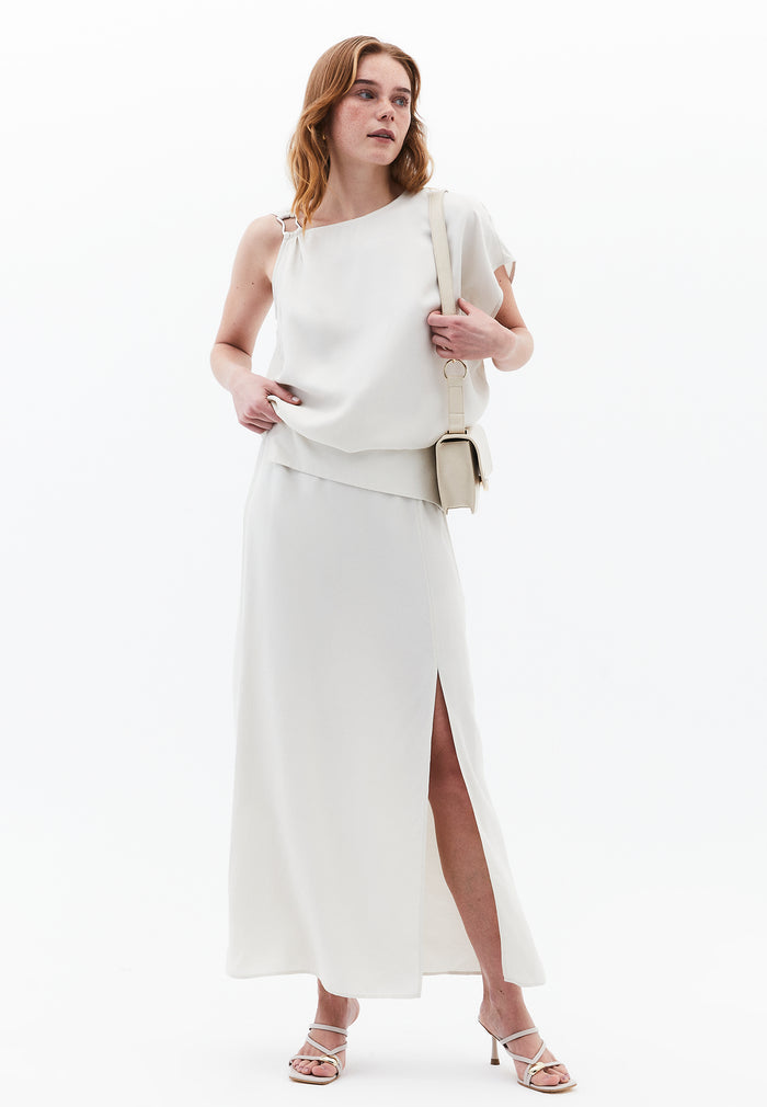 Boat Neck Short Sleeve Asymmetric Blouse - SILVER BIRCH