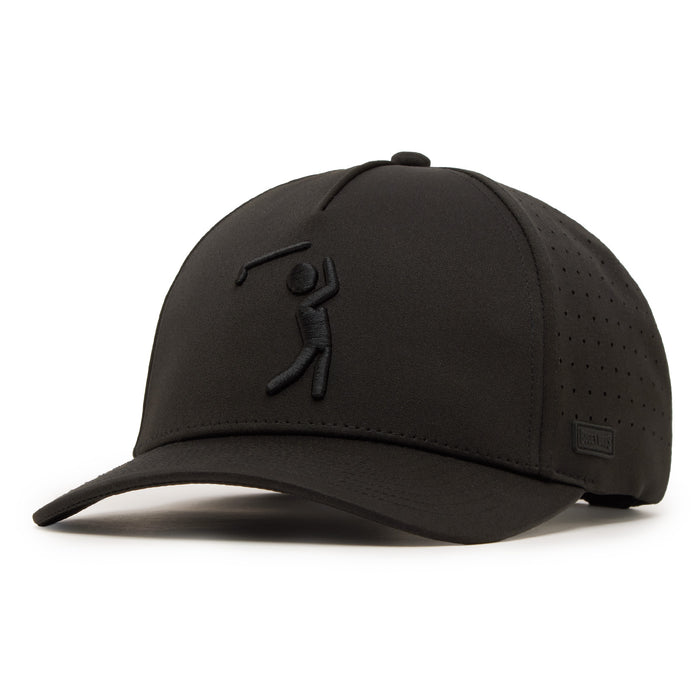 The Bogeyman Black/Black Performance Golf Hat is a snapback cap with an embroidered golfer silhouette, made from breathable performance material with side ventilation holes and a sweat stain resistant curved brim.