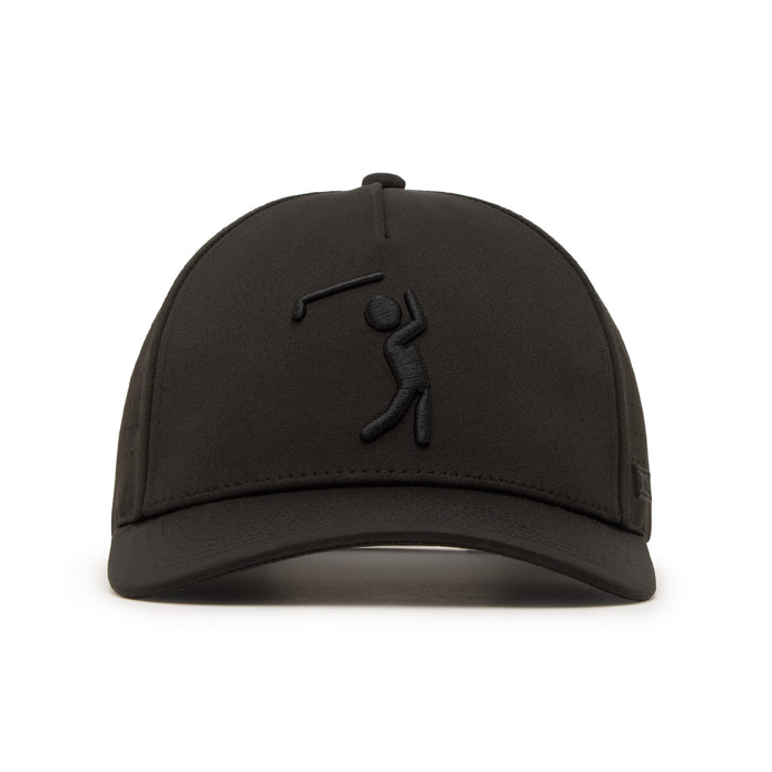 The Bogeyman Black/Black Performance Golf Hat is a snapback cap with an embroidered golf player outline on the front crown. Made from sweat-resistant performance material, it has a curved brim and smooth fabric for comfort.