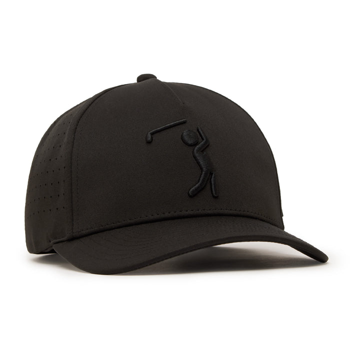 The Bogeyman Black/Black Performance Golf Hat is a snapback cap with a curved brim, embroidered stick figure golfer, ventilation holes, and sweat stain resistant material. Shown here against a white background.