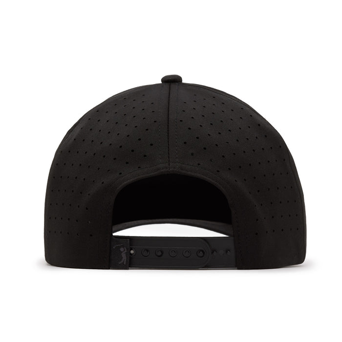 The Bogeyman - Black/Black Performance Golf Hat is a snapback cap with perforated material for ventilation, an adjustable plastic strap, and a small black tag on the left side of the back opening.