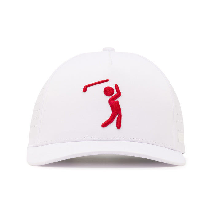 The Bogeyman - White/Red Performance Golf Hat is a snapback cap with a red embroidered golf figure, made from sweat stain resistant material. It features a curved brim and side ventilation holes for comfort on the course.