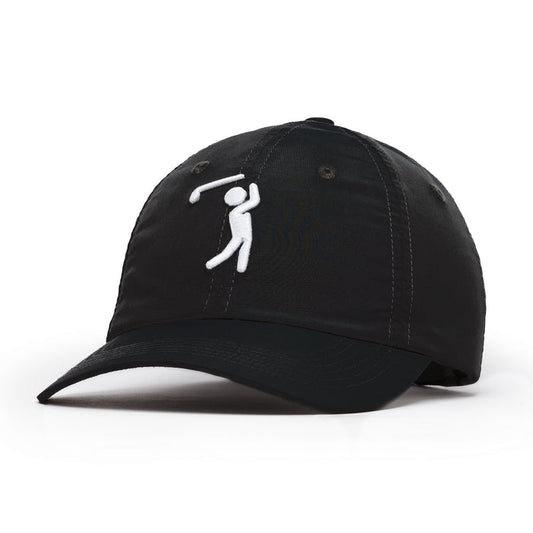 The Bogeyman Black Dad Hat features a white embroidered golfer silhouette on the front. Made from performance material, it offers visible stitching, a curved brim, sweatband, and an adjustable back strap for casual comfort.
