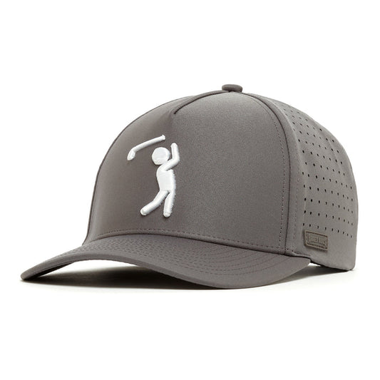 The Bogeyman Charcoal Performance Golf Hat is a gray snapback with a curved brim, crafted from performance material. It features a white embroidered golfer silhouette, side perforations for ventilation, and a rectangular metal logo tag.