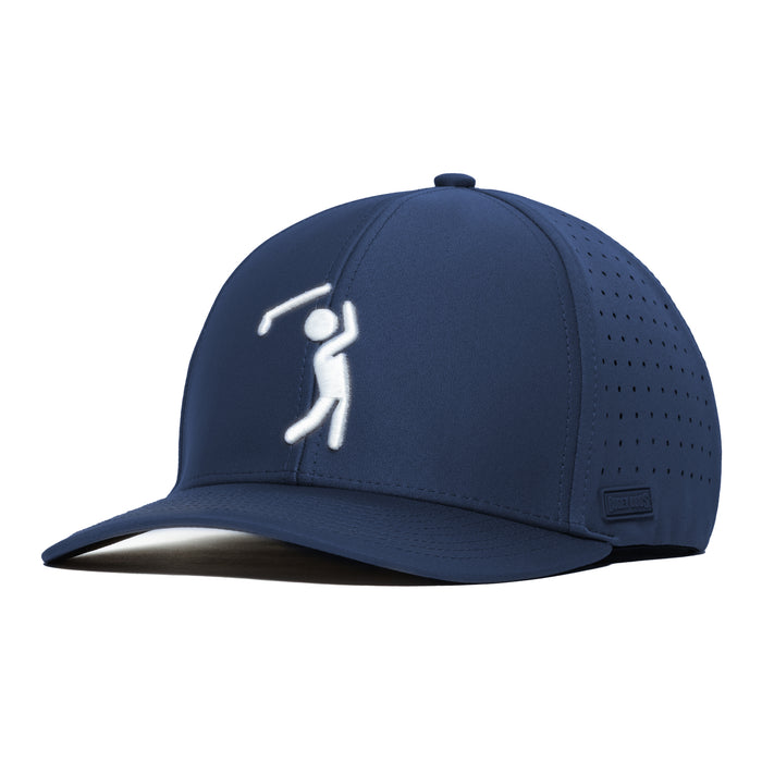 The Bogeyman Navy Performance Golf Hat features a white embroidered golf figure, curved brim, and side perforations. Made from sweat stain-resistant performance material with a stretch fit band for comfort—sporty and modern.
