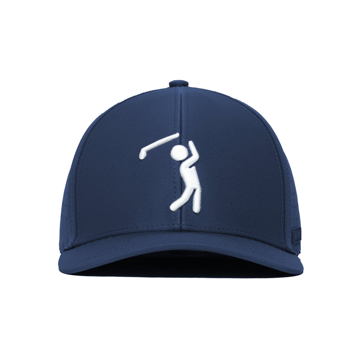 The Bogeyman Navy Performance Golf Hat is a structured, stretch-fit cap in navy blue with a curved brim and visible stitching. A white embroidered stick figure swinging a golf club decorates the front. Made from performance material for comfort.