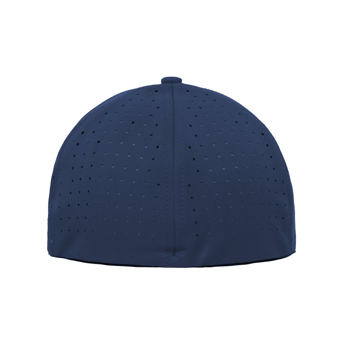 The Bogeyman Navy Performance Golf Hat is pictured from the back, with allover perforations for ventilation, a smooth performance fabric, stretch fit band, top button detail, and no visible branding or adjustable strap.
