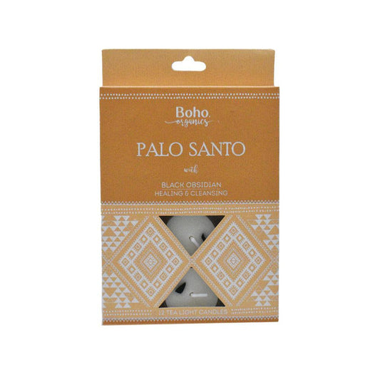 Boho Organics 12 Tea Light Soy Candles with Black Obsidian Crystals - Palo Santo &Keep
