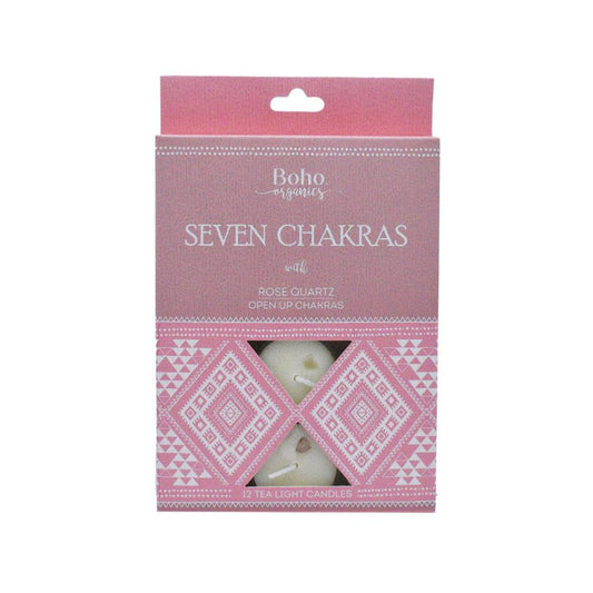 Boho Organics 12 Tea Light Soy Candles with Rose Quartz Crystals - Seven Chakras &Keep