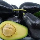 Avocado with a cut half showing the pit, surrounded by whole avocados and leaves.