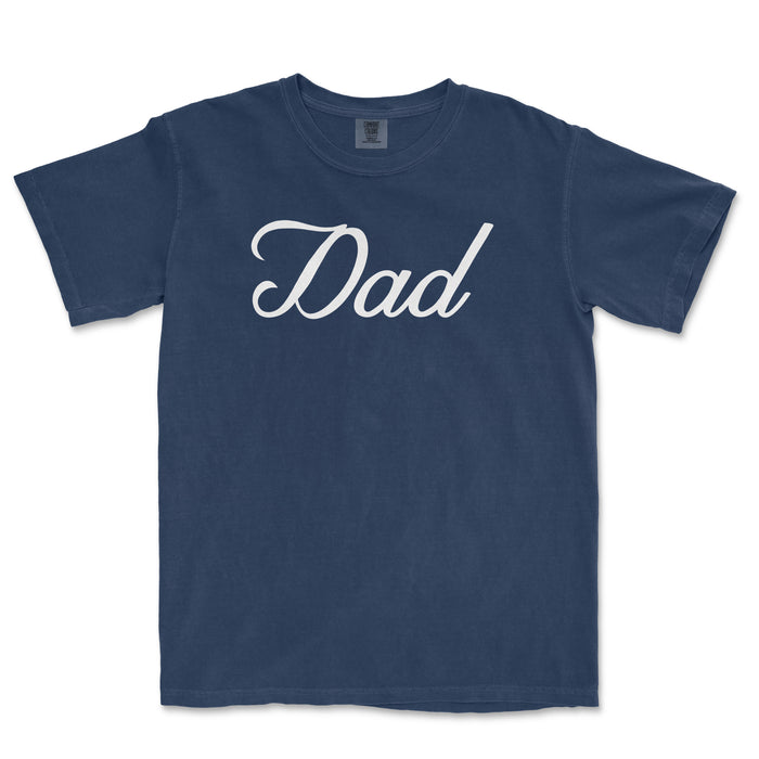 Comfort Colors navy T-shirt with white "Dad" text in cursive, perfect for a Bronx baseball dad.