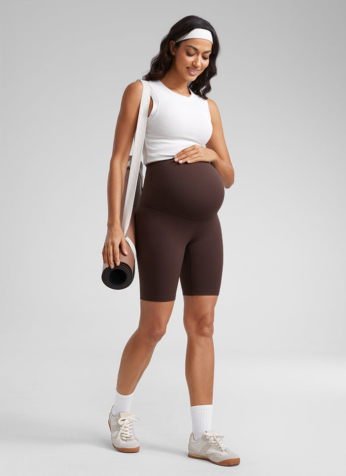 CRZ YOGA Women's Maternity Biker Shorts Super High Rise Butterluxe 8'' Hot Fudge Brown