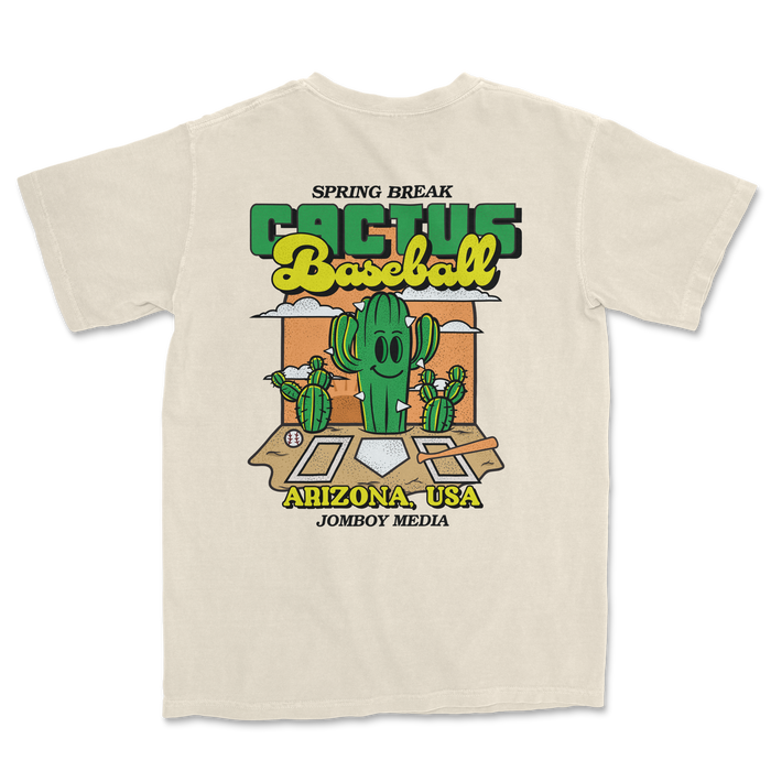 Comfort Colors tee featuring a cactus with a baseball theme, Arizona location, and playful graphic design.