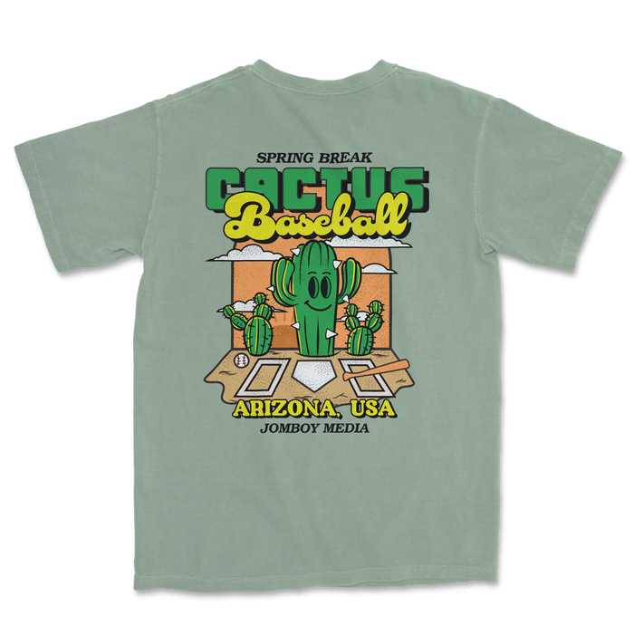 Light green Comfort Colors T-shirt featuring a cactus character playing baseball, with text "Cactus Baseball" and "Arizona, USA".