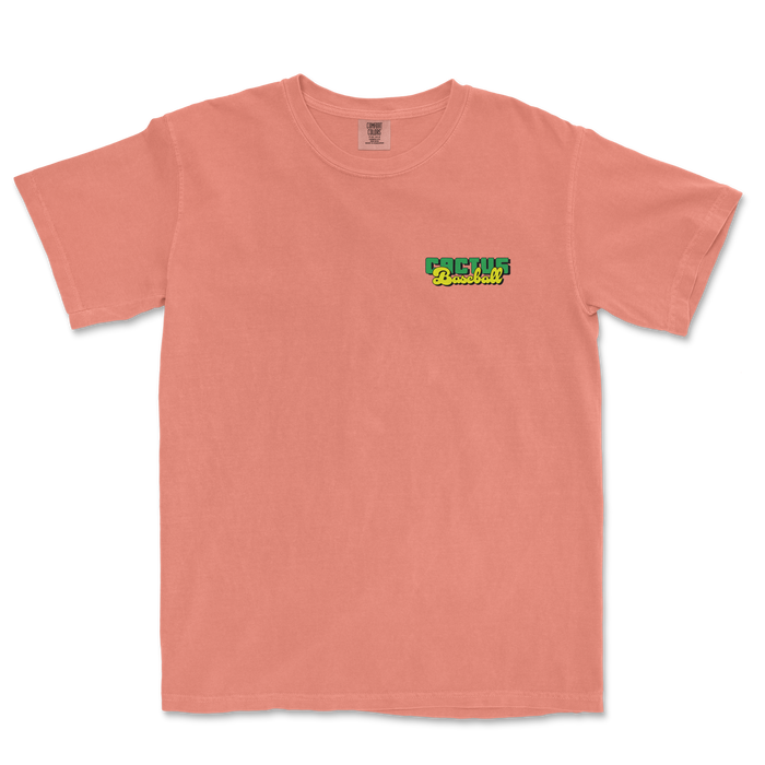 Pink Comfort Colors T-shirt featuring a small "Cactus Baseball" logo in green, yellow, and black on the left chest area.