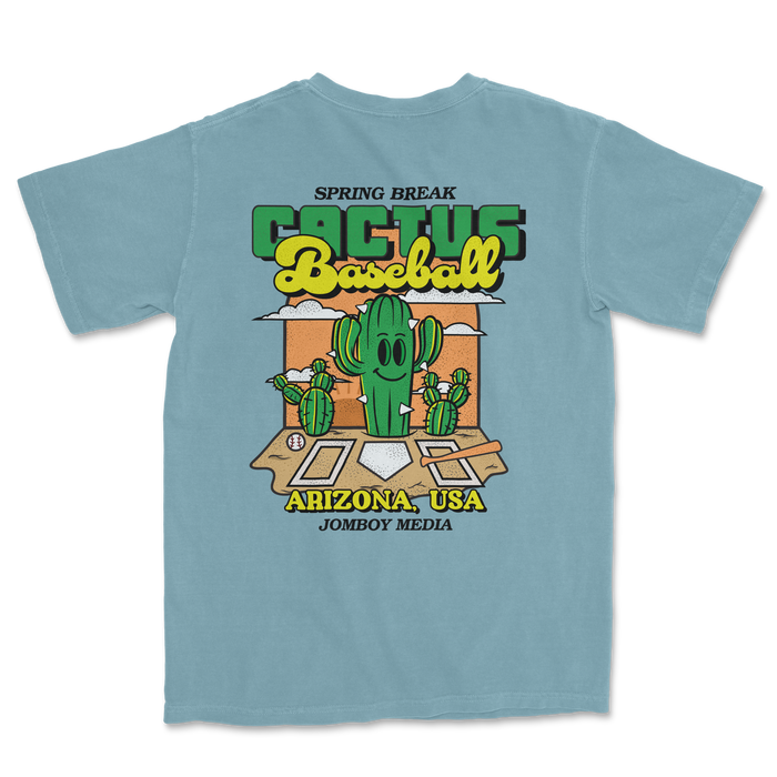 Light blue Comfort Colors T-shirt featuring a cactus cartoon playing baseball, with text "Cactus Baseball" and "Arizona, USA".