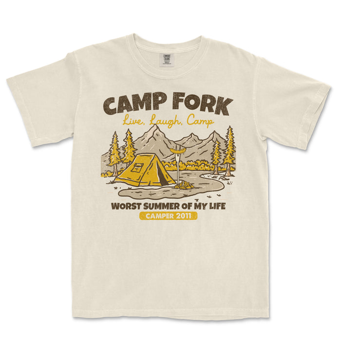 Vintage Comfort Colors® T-shirt featuring a camping scene with mountains, trees, a tent, and the text "Camp Fork - Live, Laugh, Camp.