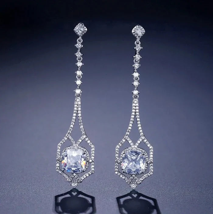 Wedding Jewelry - Silver Cubic Zirconia Bridal Earrings