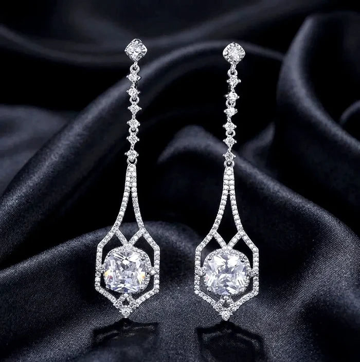 Wedding Jewelry - Silver Cubic Zirconia Bridal Earrings