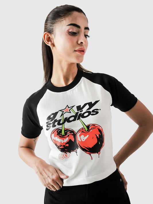 Cherry Babytee female model front view graphic print Pakistan – GROOVY