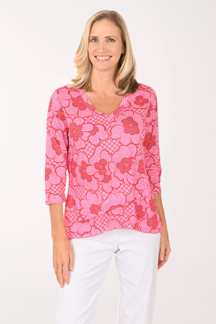 Woman wearing a pink 3/4 sleeve v-neck top