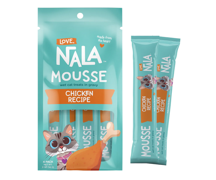 Assorted Love, Nala products group shot featuring chicken cat treats